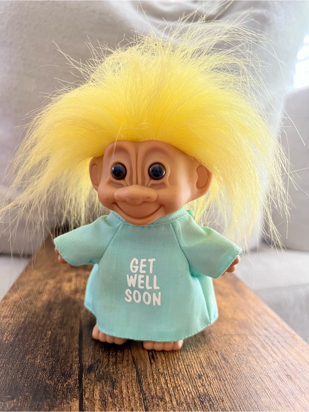 Vintage Russ Berrie Troll Doll Get Well Soon Hospital Gown Yellow Hair 5”